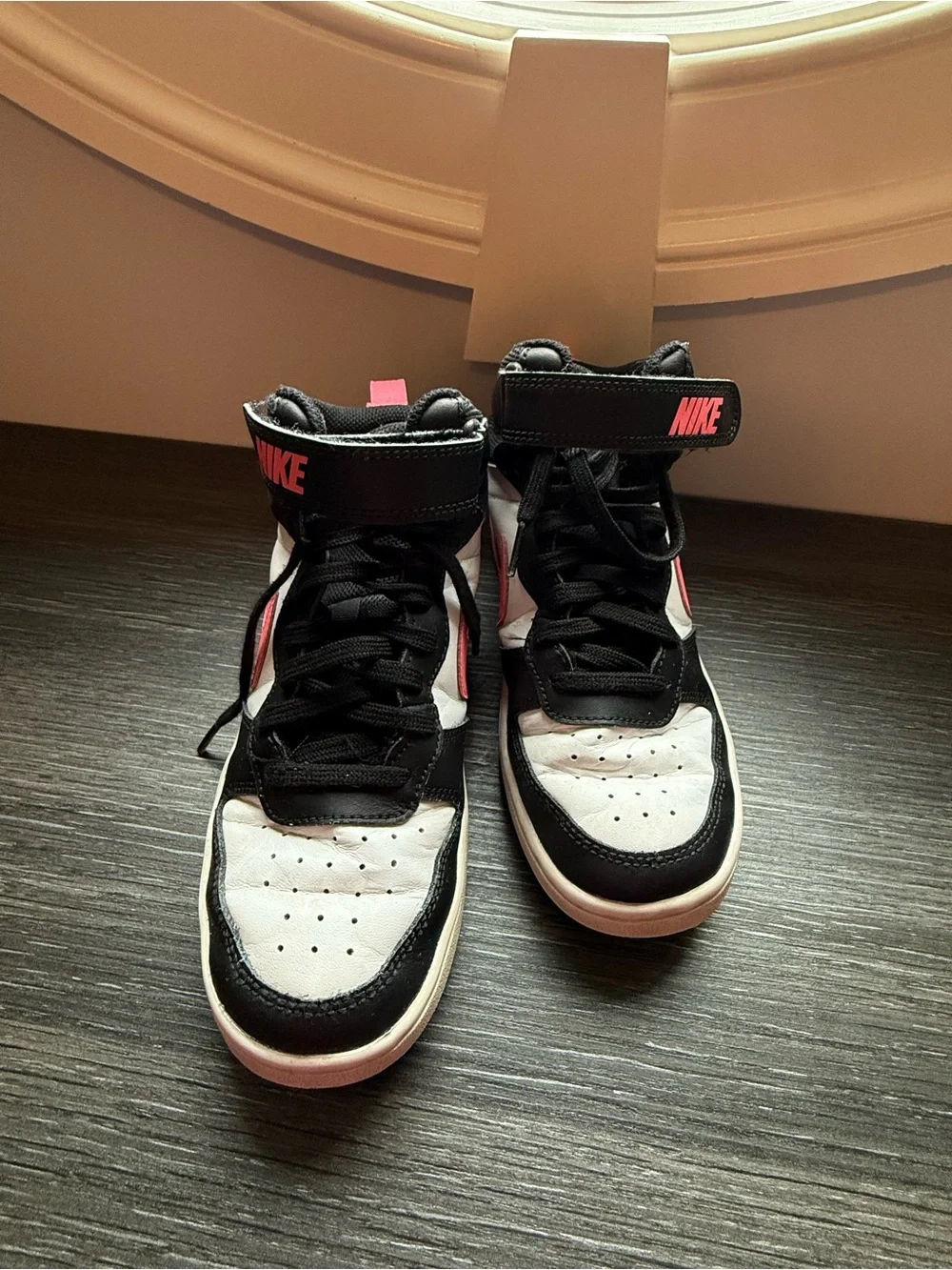 Nike Court Borough Mid 2 high-top sneakers in black, white and Sunset Pulse pink